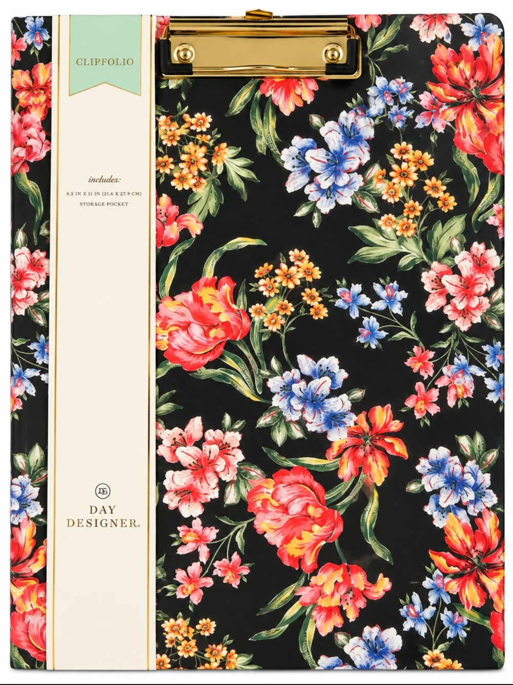 Tulip Garden Floral Clipfolio Clipboard - Black with Multi-Color Floral Print